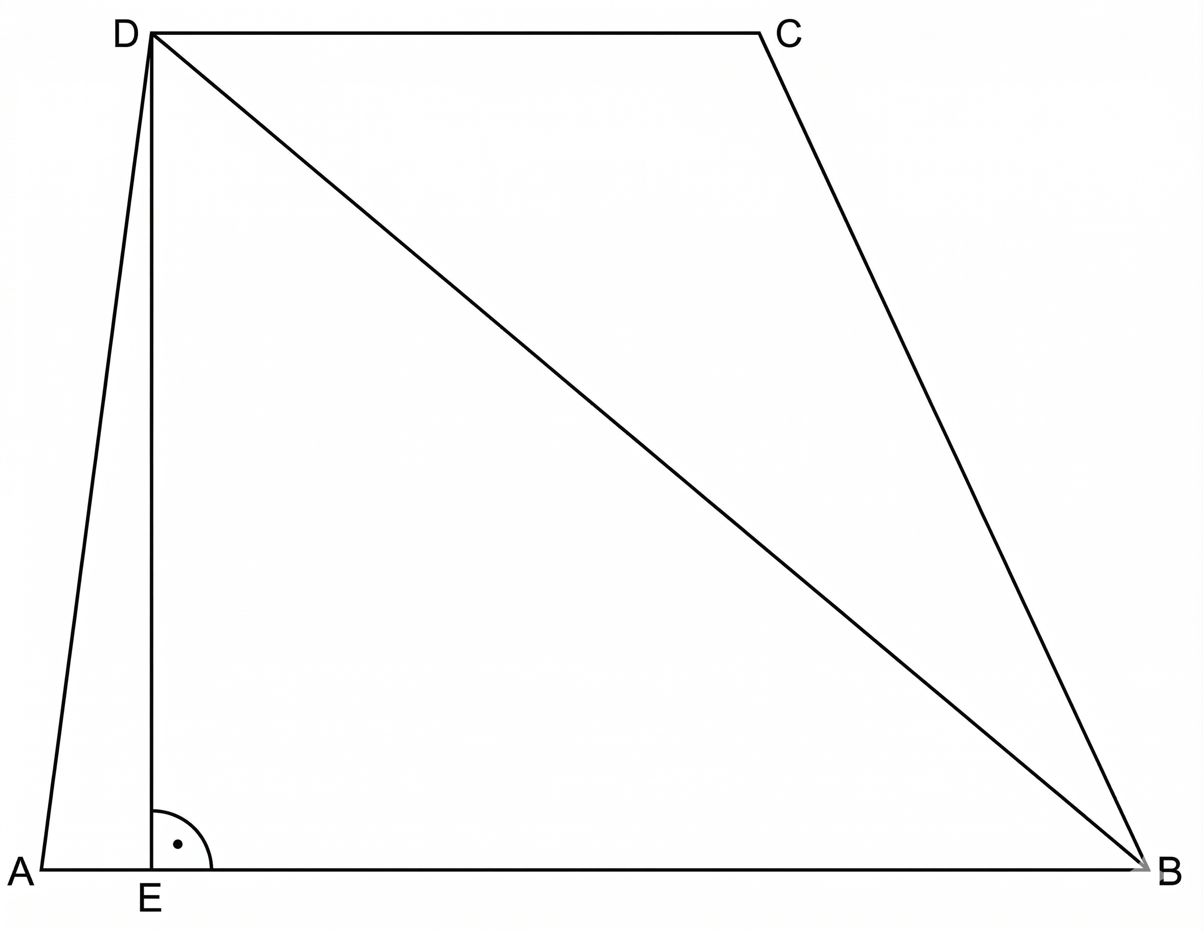 Trapez A-B-C-D mit senkrechter DE an der Basis bei E, Diagonale DB und markiertem Winkel bei E.